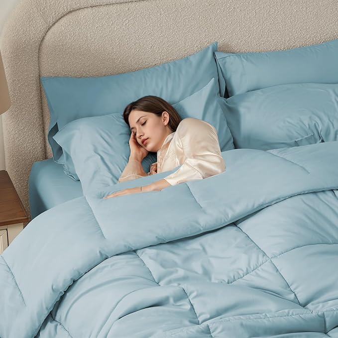 Anluoer California King Size Bed in a Bag 7 Pieces,Light Blue Cal King Comforter Set with Sheets,All Season Bedding Sets with Comforter,Pillow Shams,Pillowcases,Flat Sheet,Fitted Sheet