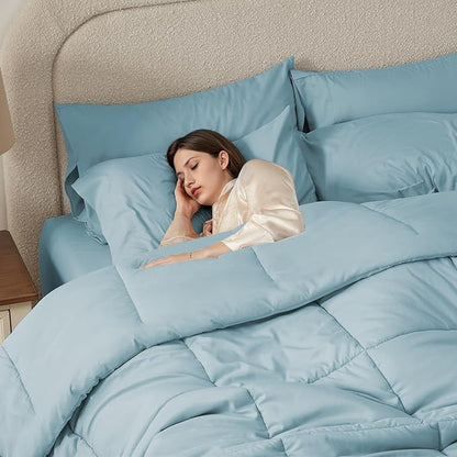 Anluoer King Comforter Set 7 Piece, Light Blue Bed in a Bag with Sheets, Comforters King Size Bedding Sets with 1 Comforter, 2 Pillow Shams, 2 Pillowcases, 1 Flat Sheet,1 Fitted Sheet