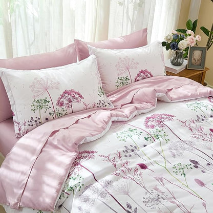 Yiran 7 Piece Comforter Set King Size, Pink Dandelion Floral Bedding Set, Botanical Bed in a Bag King, Soft Microfiber Complete Bedding Set with Comforter, Sheets, Pillowcases & Shams