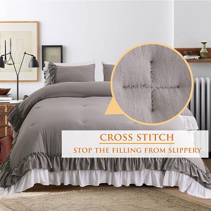 Masaca Shabby Ruffled Comforter King Size,Vintage Farmhouse Ruffle King Size Comforter Set French Country Rustic Aesthetic Bedding Extra Soft 3 Pieces