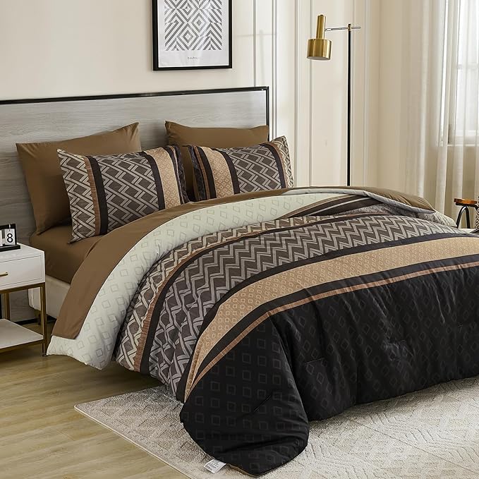 Cottolester Brown Comforter Set Full Size,Boho Striped Bed in a Bag,Plaid Comforter and Sheet Set, Soft Microfiber Complete Bedding Sets