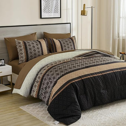 Cottolester Brown Comforter Set Full Size,Boho Striped Bed in a Bag,Plaid Comforter and Sheet Set, Soft Microfiber Complete Bedding Sets