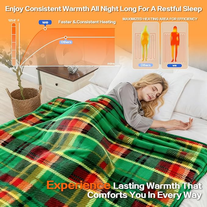 Electric Blanket Heated Throw, Soft Flannel 50"x60" Plaid Heating Blanket with 8 Hours Auto Off 10 Fast Heating Levels Machine Washable Sherpa Heated Blanket with Overheating Protection