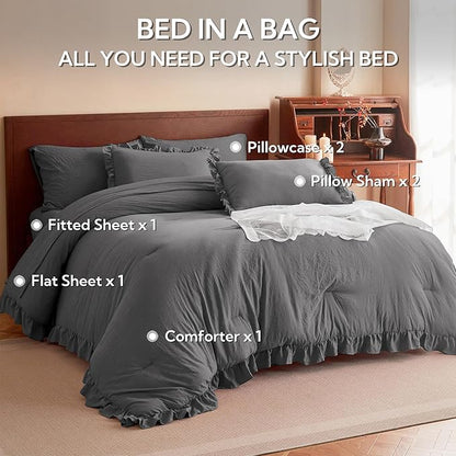 MR&HM Dark Grey Comforter Set Full Size for Girls Women 7 Pieces, Shabby Chic Vintage Cottagecore Bed Sets Elegance Boho Bed in a Bag, Ultra-Soft & Fluffy Comforter for All Season