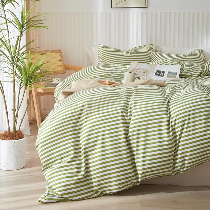 mixinni Striped Comforter Set King Size - Green White Stripes Pattern Bed Set for All Season, 3 Pieces Lightweight Bedding Comforter Sets for All Seasons (1 Soft Fluffy Comforter + 2 Pillowcases)