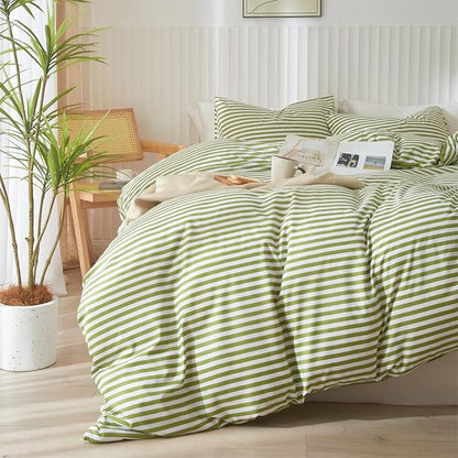 mixinni Striped Comforter Set King Size - Green White Stripes Pattern Bed Set for All Season, 3 Pieces Lightweight Bedding Comforter Sets for All Seasons (1 Soft Fluffy Comforter + 2 Pillowcases)