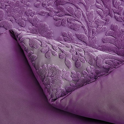 Sunshine Nicole Velvet Jacquard Comforter Set, Velvet Jacquard Face and Brushed Solid Microfiber Reverse, with Light Weight Soft Poly Fill, 3 Pieces Purple, Queen