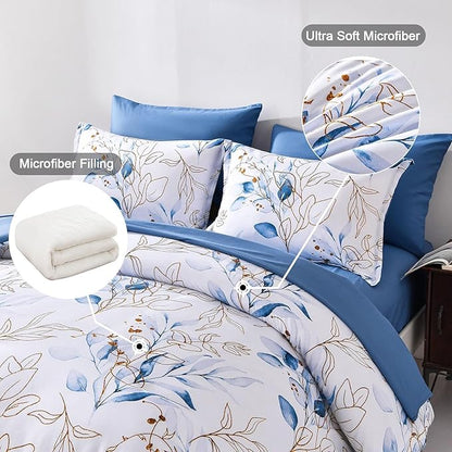 WONGS BEDDING Botanical Comforter Set Queen, 7 Pieces Floral Reversible Bed in a Bag Gold Blue Leaves Bedding Set Queen (1 Comforter,2 Pillowcase,2 Pillow Shams,1 Flat Sheet,1 Fitted Sheet)
