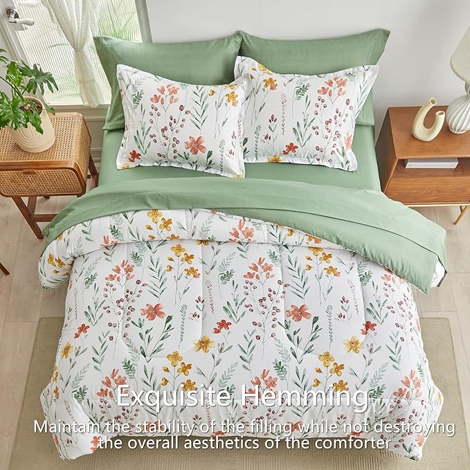 AIKASY Bed in a Bag 7 Pieces Queen Size - Floral Print - Soft Microfiber, Reversible Bed Comforter Set (1 Comforter, 2 Pillow Shams, 1 Flat Sheet, 1 Fitted Sheet, 2 Pillowcases)（White,Queen）