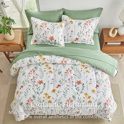 AIKASY Bed in a Bag 6 Pieces Twin Size - Floral Print - Soft Microfiber, Reversible Bed Comforter Set (1 Comforter, 2 Pillow Shams, 1 Flat Sheet, 1 Fitted Sheet, 1 Pillowcases)（White, Twin）