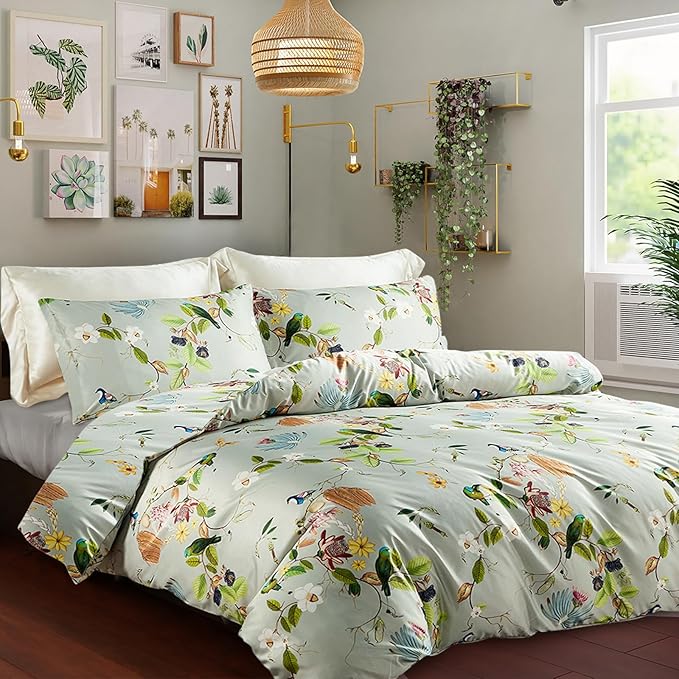 mixinni Floral Comforter Set Full Size, Fluffy Soft Microfiber Cute Flower Birds Bedding Sets for All Season, 1 Vibrant Colors Comforter and 2 Pillowcases-Full Size