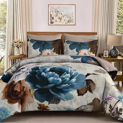 WONGS BEDDING Floral Comforter Set King Size, 7 Pieces Bed in a Bag Bedding Set, Grey and Blue Flower Comforter Soft Microfiber for All Season with Pillowcases & Shams,Sheets(90"×90")