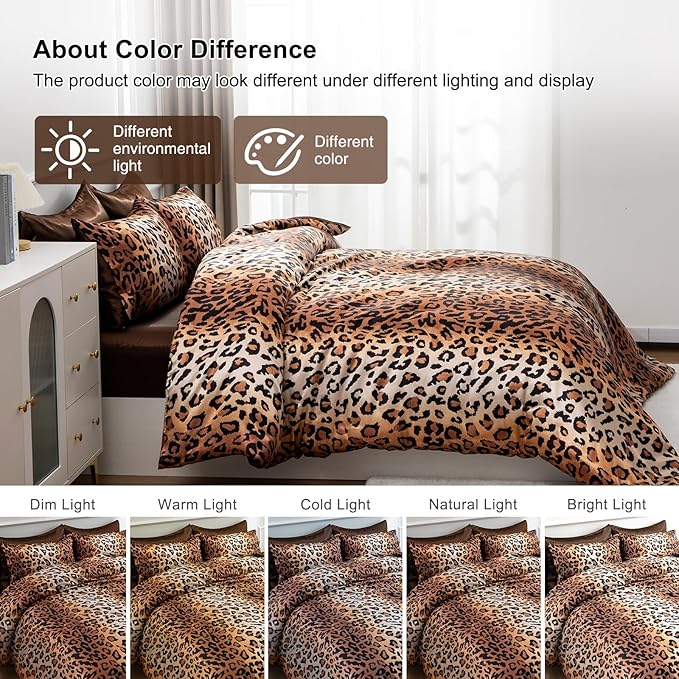 A Nice Night Leopard Printed，Satin Silky Soft Quilt Sexy Luxury Super Soft Microfiber Comforter Quilt Bedding Comforter Set Full/Queen, Light Weighted (Coffee, King(88-by-102-inches))