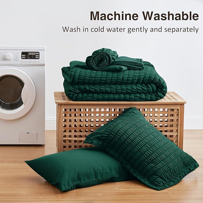 Love's cabin Seersucker Dark Green Twin Comforter Set, 5-Piece All Season Lightweight Bed in a Bag Bedding Set with Comforter, Flat Sheet, Fitted Sheet, Pillowcase and Sham | Soft, Breathable, Lightweight
