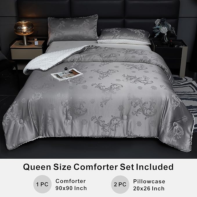 Jacquard Comforter Set - Luxury Warm Paisley Floral Pattern Queen Size Bedding with 2 Pillowcases All-Season Soft & Lightweight 3D Bubble Design Bed Set (90x90 Inches Grey)