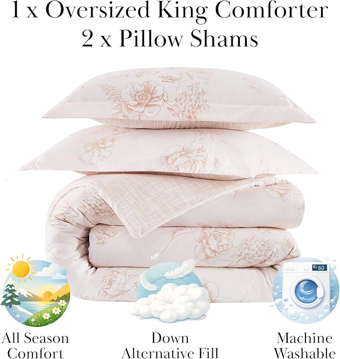 Southshore Fine Living, Inc. Cal King Lightweight Comforter Set with 2 Shams, Reversible Bedding Ensemble - Harmony Collection - Alternative Down Comforter for California/King Bed, Taupe & White