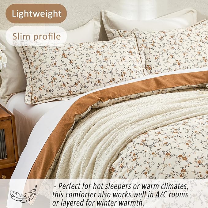Burnt Orange Floral Cotton Comforter King Size - Delicate Tiny Flowers and Gray Branches on White, Textured Rust Back, 3PC Luxurious Lightweight Bedding Set with Ultra-Soft Alternative Fill
