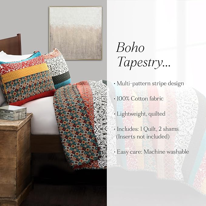 Lush Decor Boho Stripe Reversible Cotton Quilt 3-Piece Set, Full/ Queen, Turquoise & Tangerine - Bold Colorful Bohemian Bedding Set