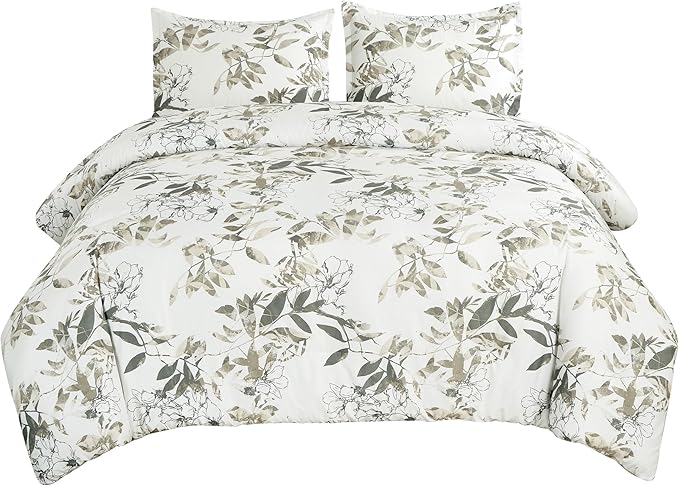 Chezmoi Collection Julia 3-Piece Floral Comforter Set, Queen - Multicolor Taupe-Green Gray White Floral Leaves Printed Microfiber Lightweight Bedding Set for All Season