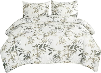 Chezmoi Collection Julia 3-Piece Floral Comforter Set, Queen - Multicolor Taupe-Green Gray White Floral Leaves Printed Microfiber Lightweight Bedding Set for All Season