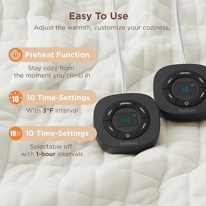 Bedsure Electric Blanket Queen Size - Quilted Winter Bedding of Thick Flannel, Dual Control Heated Blanket with 10 Heat & 10 Time Settings, Fast Heating for Cold Sleepers (84x90 inches, Ivory)