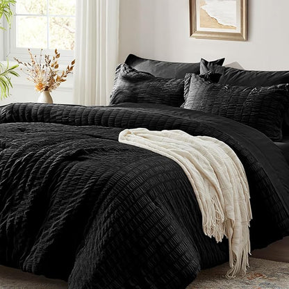Zzlpp Black King Comforter Set 7 pieces, Seersucker Bed in a Bag with Comforter and Sheets, All Season Bedding Sets with 1 Comforter, 2 Pillow Shams, 2 Pillowcases, 1 Flat Sheet, 1 Fitted Sheet