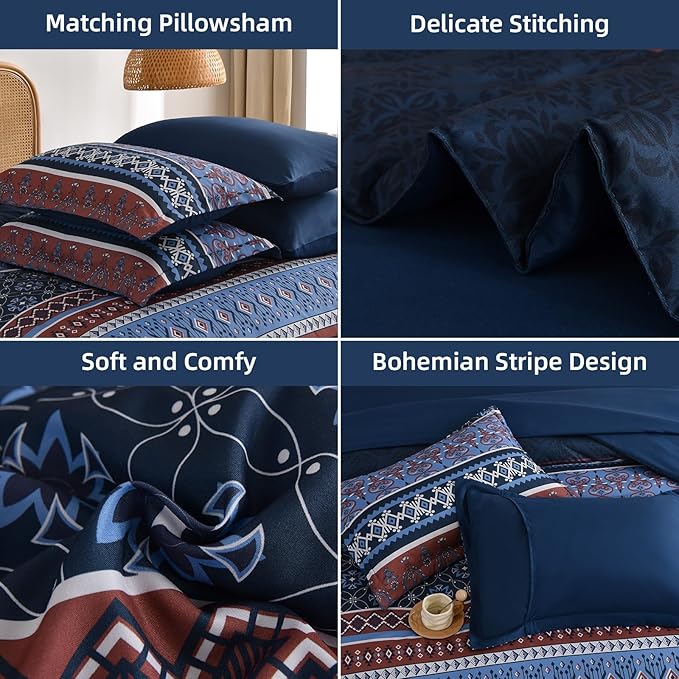 Comforter Set King Size Boho,7 Pieces Bohemian Bedding Comforter Set Striped Bed in a Bag,Navy Blue Paisley Floral Comfortet and Sheet Set,Soft Microfiber Bedding Sets for All Season
