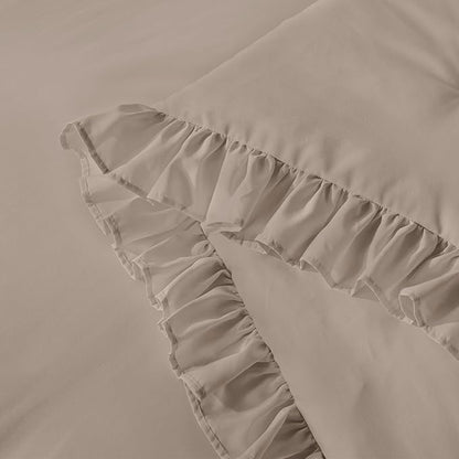 Andency Light Brown Ruffle Comforter Cal King(104x96Inch), 3 Pieces(1 Ruffled Comforter and 2 Pillowcases) Solid Farmhouse Shabby Chic Bed, Vintage Rustic Soft Microfiber Bedding Set