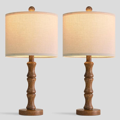 BOBOMOMO 20.5" Rustic Table Lamps Set of 2, Farmhouse Nightstand Lamp with Wood Grain Resin Base & Linen Shade, Small Bedside Lamp for Bedroom, Living Room & Apartment Décor- Ideal for Small Spaces