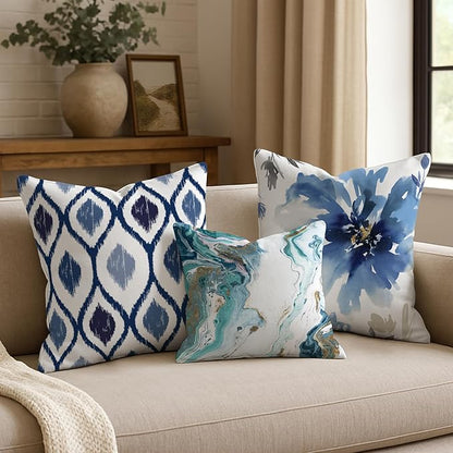 Americanflat 14x14 Throw Pillow with Sewn-in Insert - All-in-One Decorative Pillows - No Cover Needed - Soft and Durable Cushion for Bed or Sofa - Polyester - Blue and White