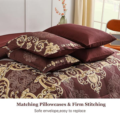 Mybedsoul 7 Pieces Burgundy Comforter Set King Size, Damask Bed in a Bag for King Bed, Lightweight Microfiber Boho Bedding Sets with Comforter, Sheet, Pillowcases & Shams for All Season(90"x104")
