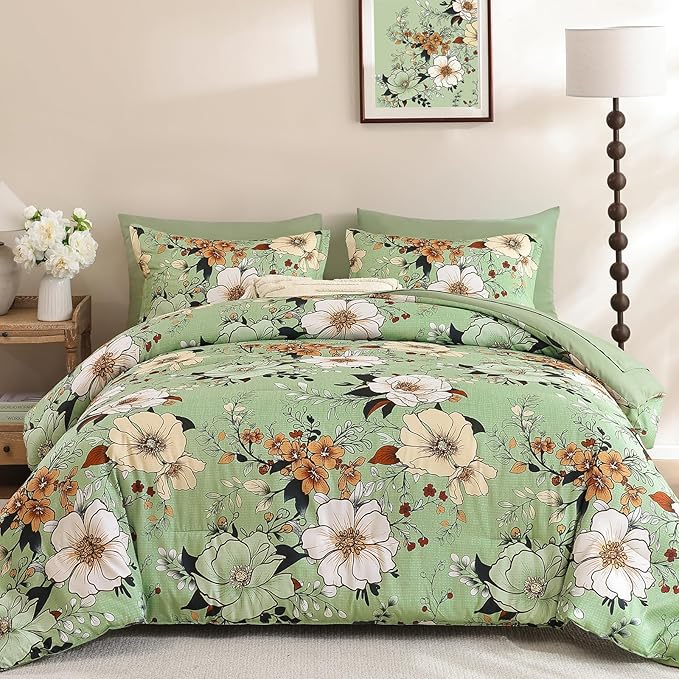 Xruibed Floral Comforter Set Queen Size 7 Pieces, Sage Green Bed in a Bag Flower Boho Comforter Set with Sheet, Pillowcases, Pillowshams, Soft Microfiber Bedding Set for All Season (Queen 90''x90'')