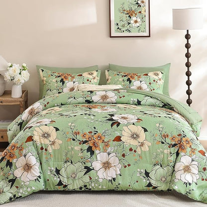 Xruibed Floral Comforter Set Queen Size 7 Pieces, Sage Green Bed in a Bag Flower Boho Comforter Set with Sheet, Pillowcases, Pillowshams, Soft Microfiber Bedding Set for All Season (Queen 90''x90'')