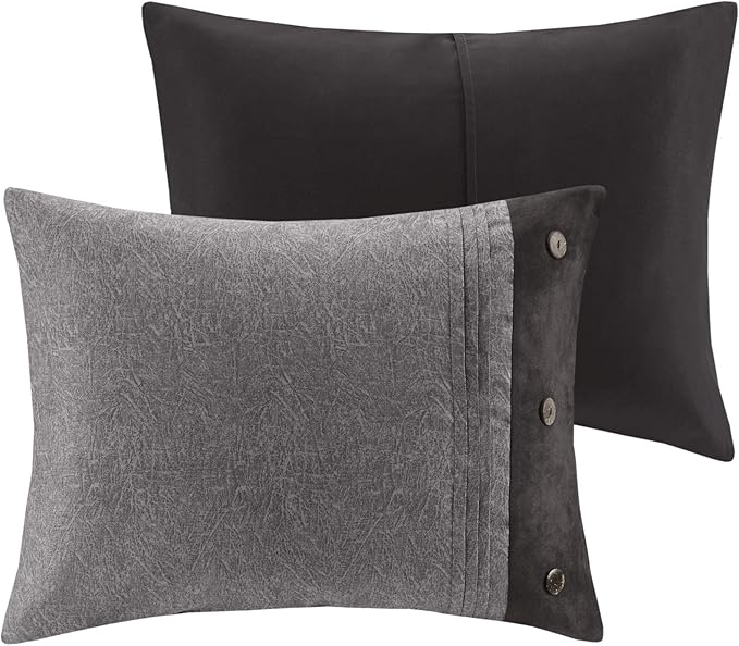 Madison Park Boone Cozy Comforter Set, Faux Suede, Deluxe Hotel Styling All Season Down Alternative Bedding Matching Shams, Decorative Pillow, Queen (90 in x 90 in), Rustic Grey 7 Piece,Dark Gray