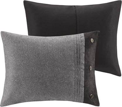 Madison Park Boone Cozy Comforter Set, Faux Suede, Deluxe Hotel Styling All Season Down Alternative Bedding Matching Shams, Decorative Pillow, Queen (90 in x 90 in), Rustic Grey 7 Piece,Dark Gray