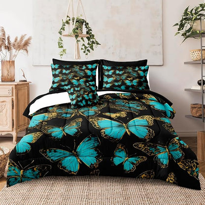 Black Gold Bedroom Comforter Set Teal Aqua Bedding Sets King Size Blue Butterfly Boho Chic Comforter Super Soft Cozy Black Bed in A Bag