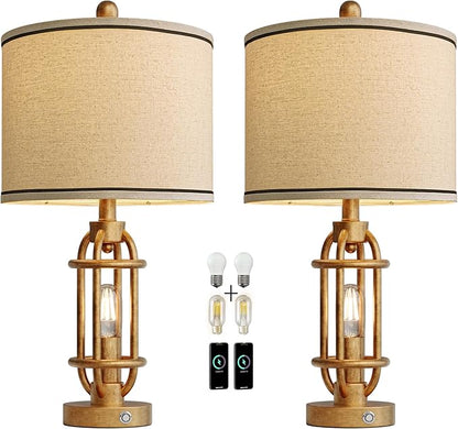 23.75'' Table Lamps Set of 2 for Living Room Bedroom Industrial Farmhouse Metal Touch Lamps with USB A+C Ports, Night Light Vintage Nightstand Bedside Lamp, Bulbs Included, Antique Gold