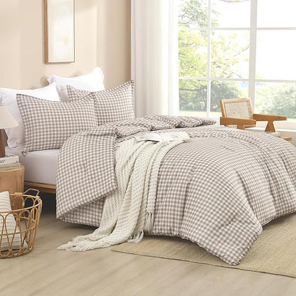 Andency Tan Checkered Comforter King(104x90Inch), Plaid Gingham Buffalo Grid Bedding Comforter Sets for Boys Kids Teens, 3 Pieces Lightweight Microfiber Geometric Preppy Bed Set