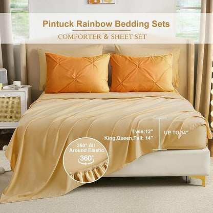 Dinjoy Ombre Comforter Set Full Size, 7-Piece Bed in a Bag for Kid Teen, Pintuck Colorful Rainbow Bedding Sets with Comforter, Flat Sheet, Fitted Sheet and Pillowcases & Shams, Orange