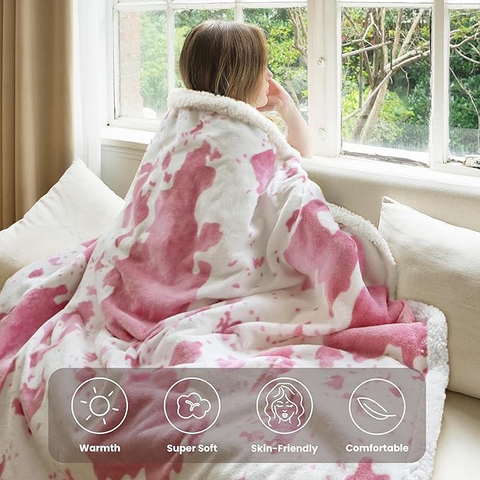 Cow Print Heated Throw Blanket Electric Blanket-Heating Blanket Throw with 10 Heat Levels & 10 Hours Auto-Off, Cozy Soft Fleece Sherpa, Washable, 50 x 60 Inches Cow Print Pink