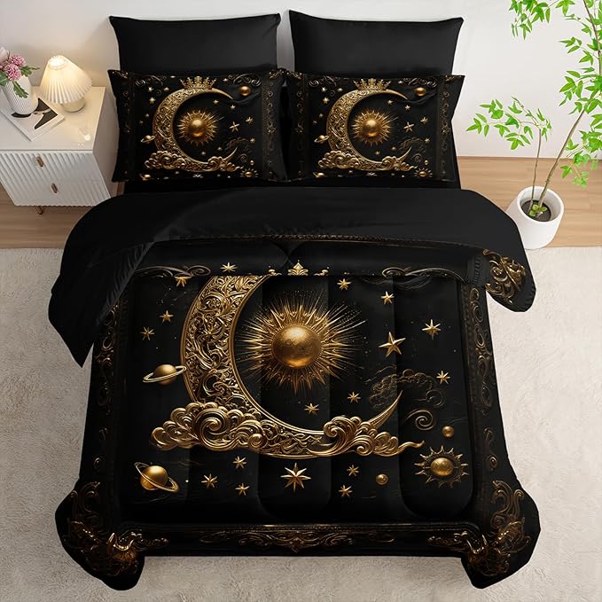 7 Piece Black and Gold Galaxy Comforter Set King Size，Sun and Moon Bedding Set King，(1 Comforter, 1 Flat Sheet, 1 Fitted Sheet, 2 Pillowcase and 2 Pillow Sham)，Astrology Bedroom Decor