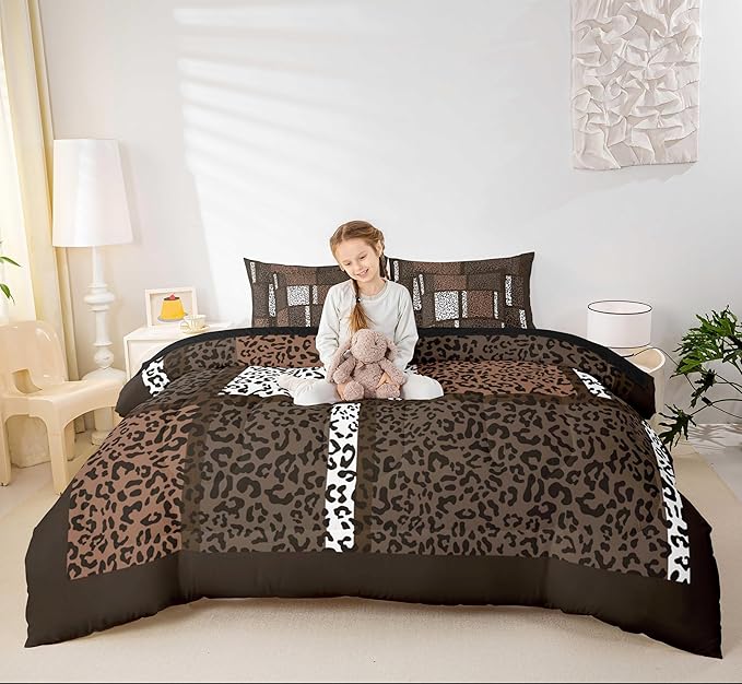 Leopard Print Comforter Set in a Bag 7 Pcs,Brown White Animal Skin Bed Set Twin,African Cheetah Wildlife Patchwork Bedding Sets,(1 Comforter,2 Pillowcase,2 Pillow Covers,1 Flat Sheet,1 Fitted Sheet)