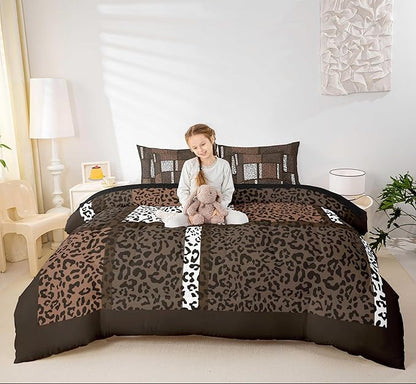 Castle Fairy Leopard Print Comforter Set Full Size,Brown White Wild Animal Skin Bedding Set,African Cheetah Wildlife Patchwork Bed Set 7 Pieces(Comforter+Fitted+Flat Sheet+Pillowcase+Pillow Cover)
