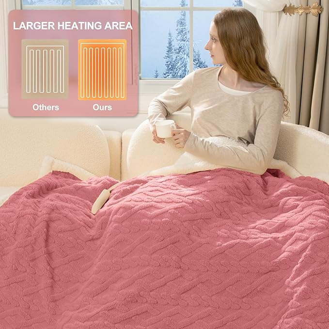 Heated Throw Blanket 50"X60" Pink - Soft Thick Warm Sherpa Electric Blanket for Winter with 5 Fast Heating Levels & 4hrs Auto Off for Women, Machine Washable & ETL Certified for Office Chair
