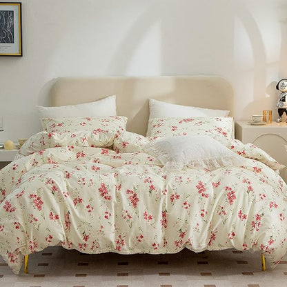 Full Floral Comforter Set Soft Cute Floral Bedding Comforter Sets Garden Style Red Flower Print Botanical Flowers Comforter Set for All Seasons 1 Comforter and 2 Pillowcases