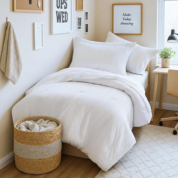 Madison Park Essentials Striped Comforter Set Twin XL, 5 Pieces Modern Minimalist Jacquard Bedding Set for All Season, Bed in A Bag with Sheet Set and Soft Brushed Reverse, Lightweight White