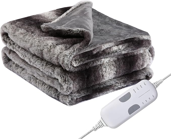Electric Heated Blanket Throw Size 50"x60", Fast Heating Throw, Plush Faux Fur for Sofa & Office,4 Heating Levels & 4 Hours Auto Off, Machine Washable, Gifts for Family-Gray White