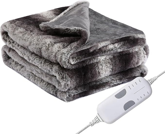Electric Heated Blanket Throw Size 50"x60", Fast Heating Throw, Plush Faux Fur for Sofa & Office,4 Heating Levels & 4 Hours Auto Off, Machine Washable, Gifts for Family-Gray White