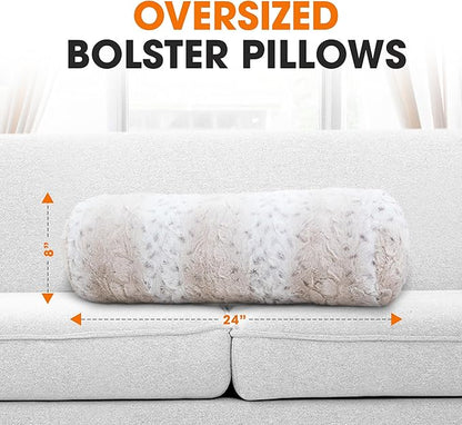 Cheer Collection Faux Fur Bolster Pillows – Soft Decorative Cylinder Pillows for Bed or Couch, Machine Washable – 8” x 24”, Set of 2, Snow Leopard