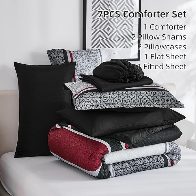 WONGS BEDDING 7 Pieces Comforter Set Queen Size, Black-red Striped Bed in a Bag Comforter and Sheet Set, Black Boho Soft Lightweight Micorfiber Bedding Set for All Season (90"×90")